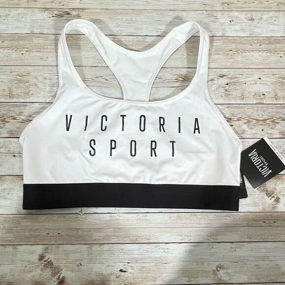 NWT Victoria’s Secret Sport Sz M White Black The player Racerback Sports Bra Gra - Picture 1 of 12